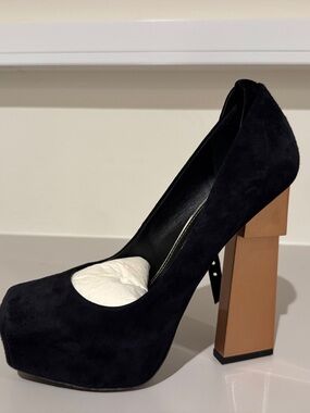 Black Suede Platform Pumps with Tan Block Heel